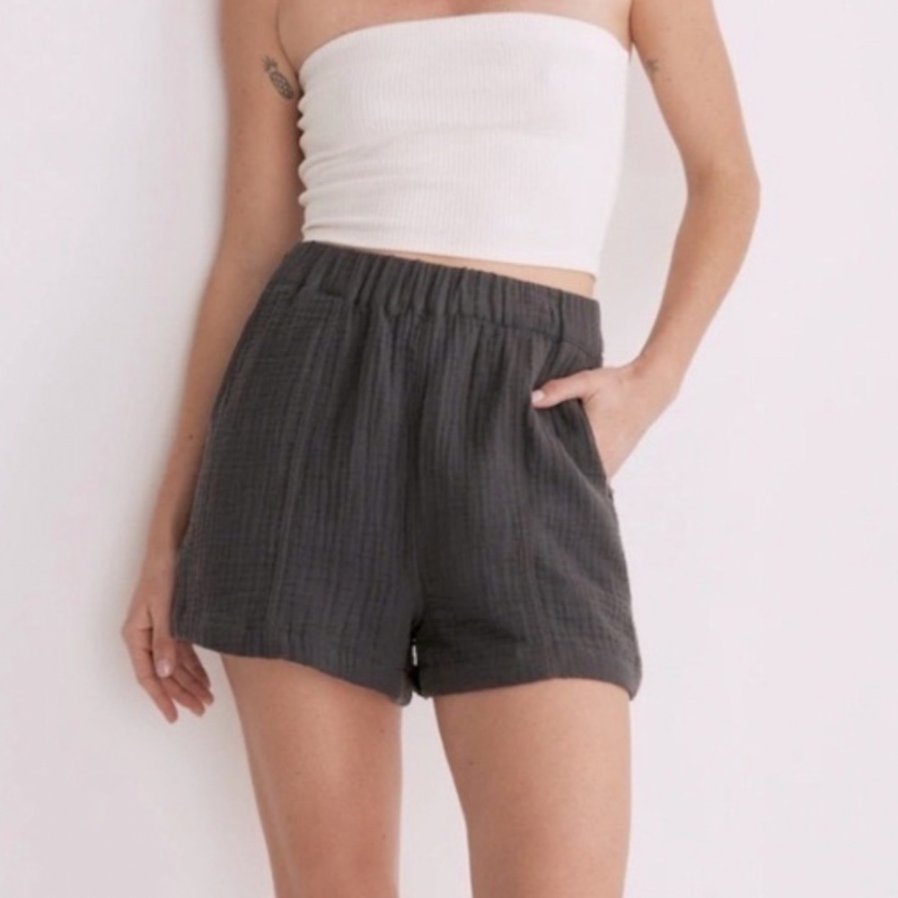 Madewell Women 1X Charcoal Grey Cotton Double Gauze Pull On Shorts High Rise